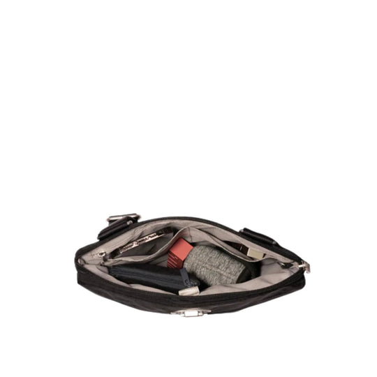 Open black crossbody bag with gray lining, showing interior pockets and a zippered top