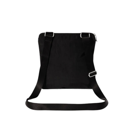 Black crossbody bag with long strap and silver buckles