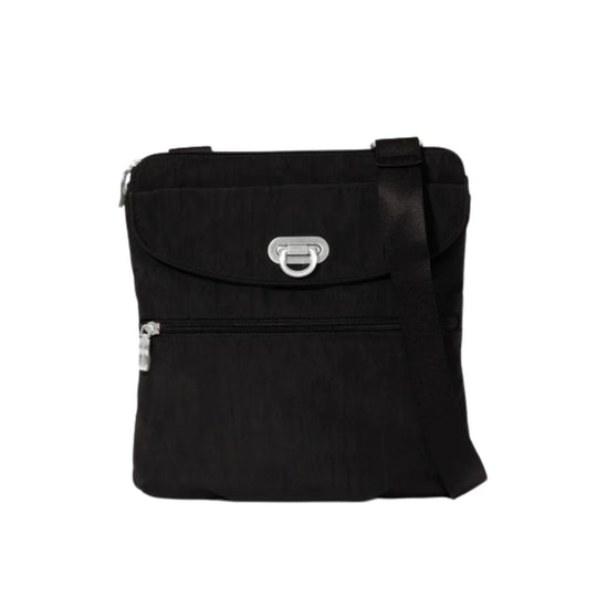 Black crossbody bag with a front flap, silver clasp, front zipper pocket, and adjustable shoulder strap