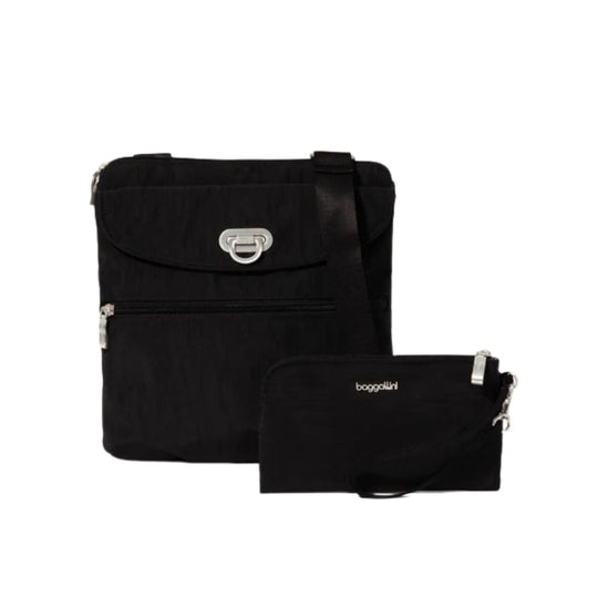 Black crossbody bag with flap pocket, silver clasp, and matching zip pouch