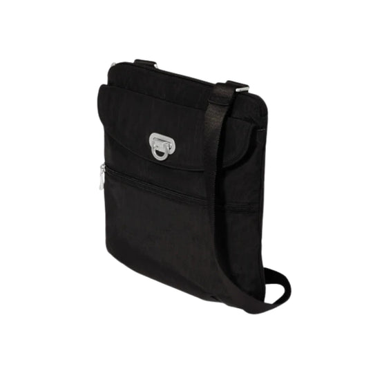 Black slim crossbody bag with front flap clasp, zip pocket, and adjustable strap