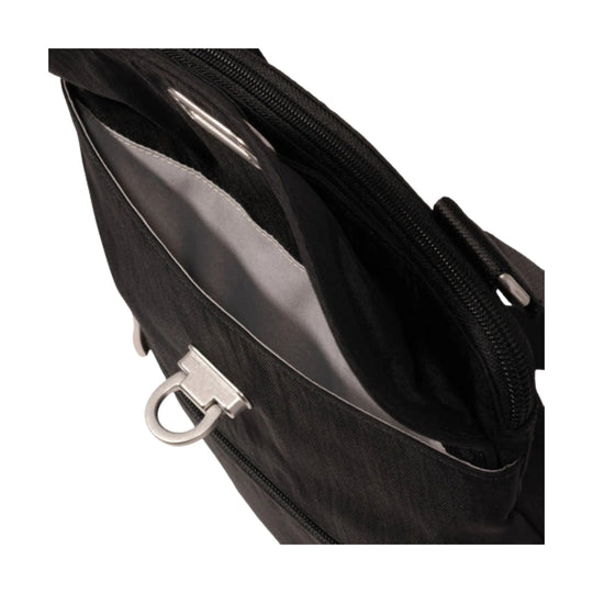 Black zip-top crossbody bag with silver ring hardware and an open front pocket