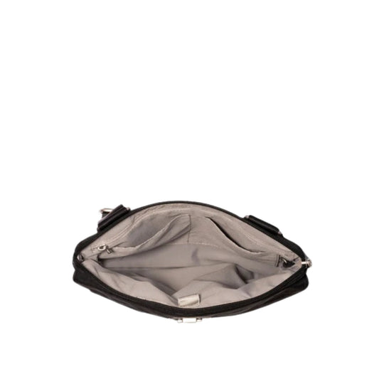 Open black crossbody bag with light gray lining and zippered interior pockets