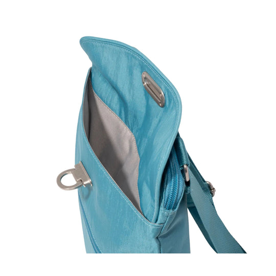 Blue nylon crossbody bag with a flap top, silver hardware, and an exterior zip pocket