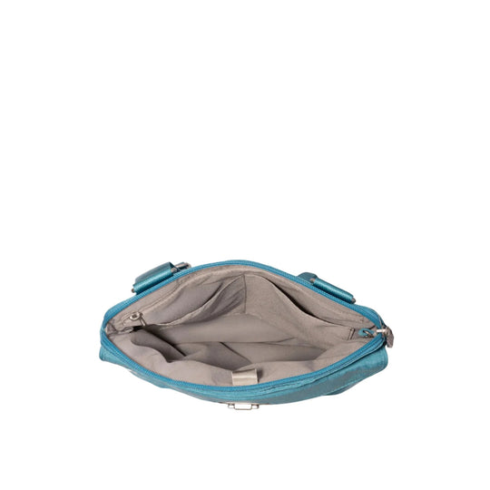 Open teal zip-top crossbody bag with light gray interior and multiple pockets