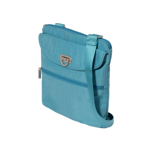 Blue nylon crossbody bag with flap pocket, front zipper pocket, and adjustable shoulder strap