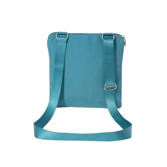 Teal zip-top crossbody bag with two long adjustable straps and silver hardware, shown front view