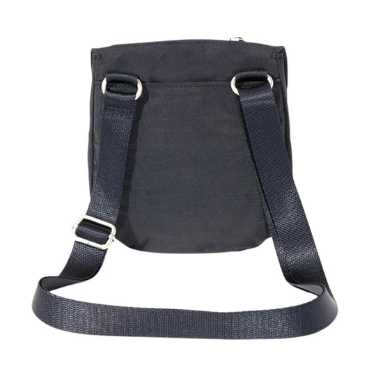 Black zip-top crossbody pouch with an adjustable webbing strap and silver rings