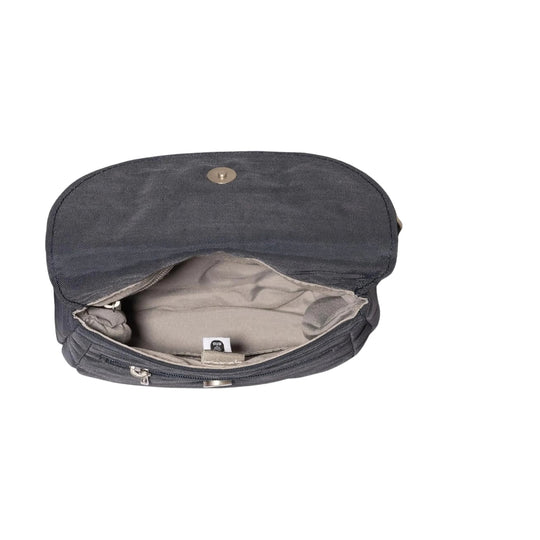 Open dark gray crossbody bag with a zippered top and light gray interior lining