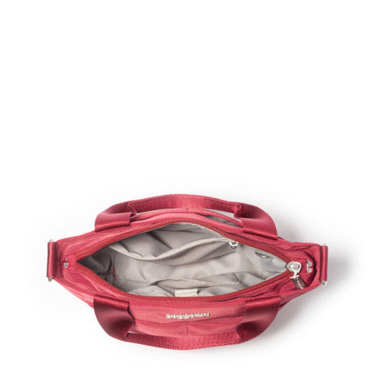 Open red zip-top tote bag with gray interior and carrying handles