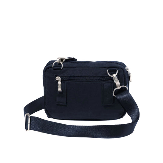 Navy crossbody bag with front zip pocket, silver hardware, and an adjustable strap