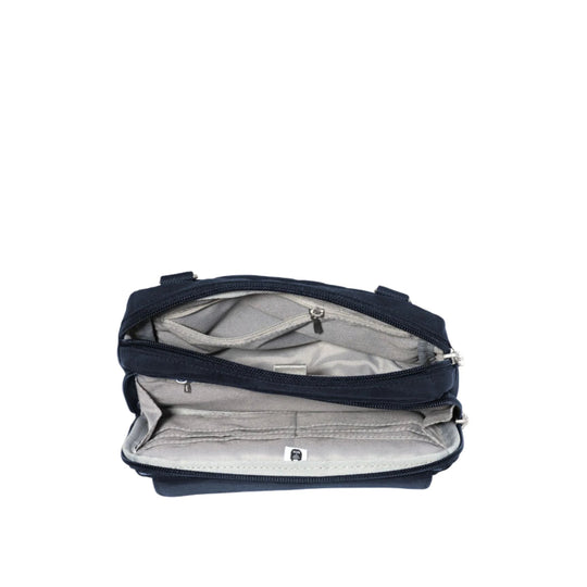 Open navy crossbody bag with light gray interior and multiple zippered compartments