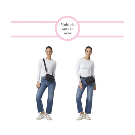 Black crossbody bag shown worn two ways on a model, with "Multiple ways to wear" text