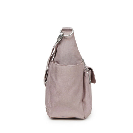 Taupe nylon crossbody bag with top grab handle, front pocket, side zipper pocket, and shoulder strap