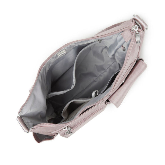 Open blush pink handbag with gray interior, zip pockets, and adjustable shoulder strap