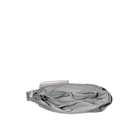 Open gray zip-top crossbody bag with multiple interior pockets and gray lining