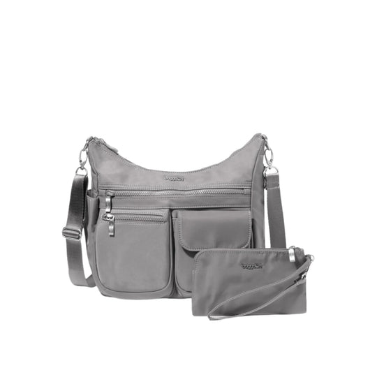 Gray crossbody bag with multiple front zip and flap pockets, shown with a matching wristlet pouch