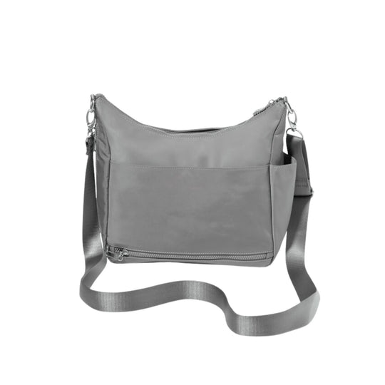 Gray crossbody bag with front pocket, zipper details, and long adjustable strap
