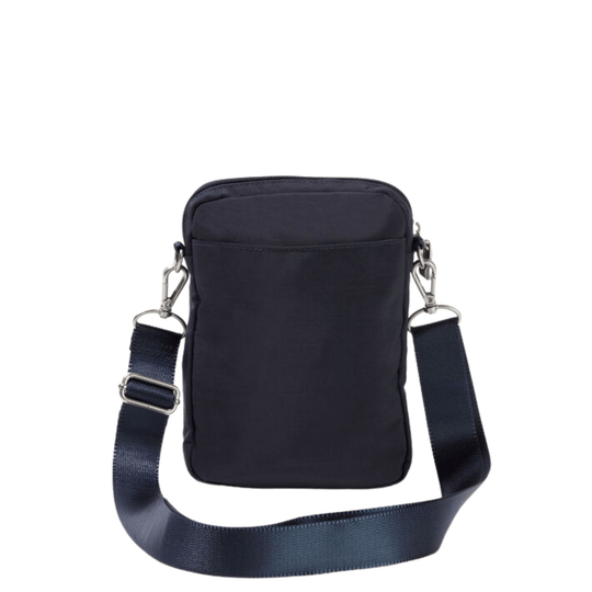 Navy rectangular crossbody bag with front pocket, zipper closure, and wide adjustable strap
