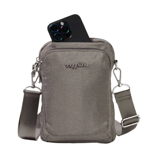 Gray crossbody phone pouch with front zipper pocket, adjustable strap, and a phone peeking out of the top
