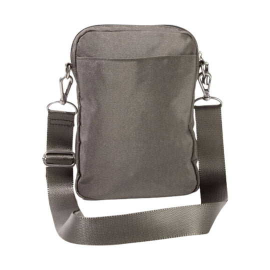 Gray crossbody pouch with adjustable strap and metal clips