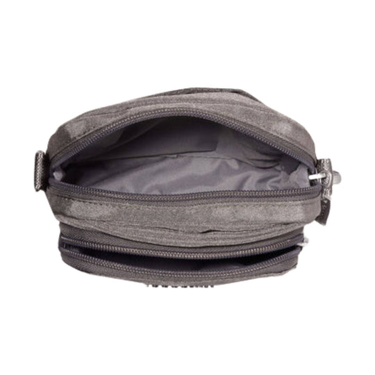 Gray zip-top crossbody bag with multiple zippered compartments