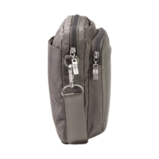 Gray zippered crossbody bag with side pocket and detachable strap clip