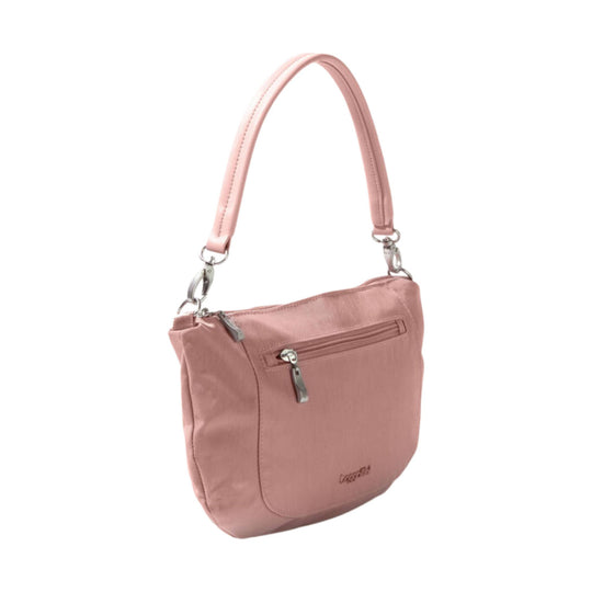 Pink nylon half-moon crossbody bag with a top handle, front zipper pocket, and silver hardware