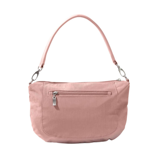 Blush pink half-moon crossbody bag with top handle, front zip pocket, and silver hardware