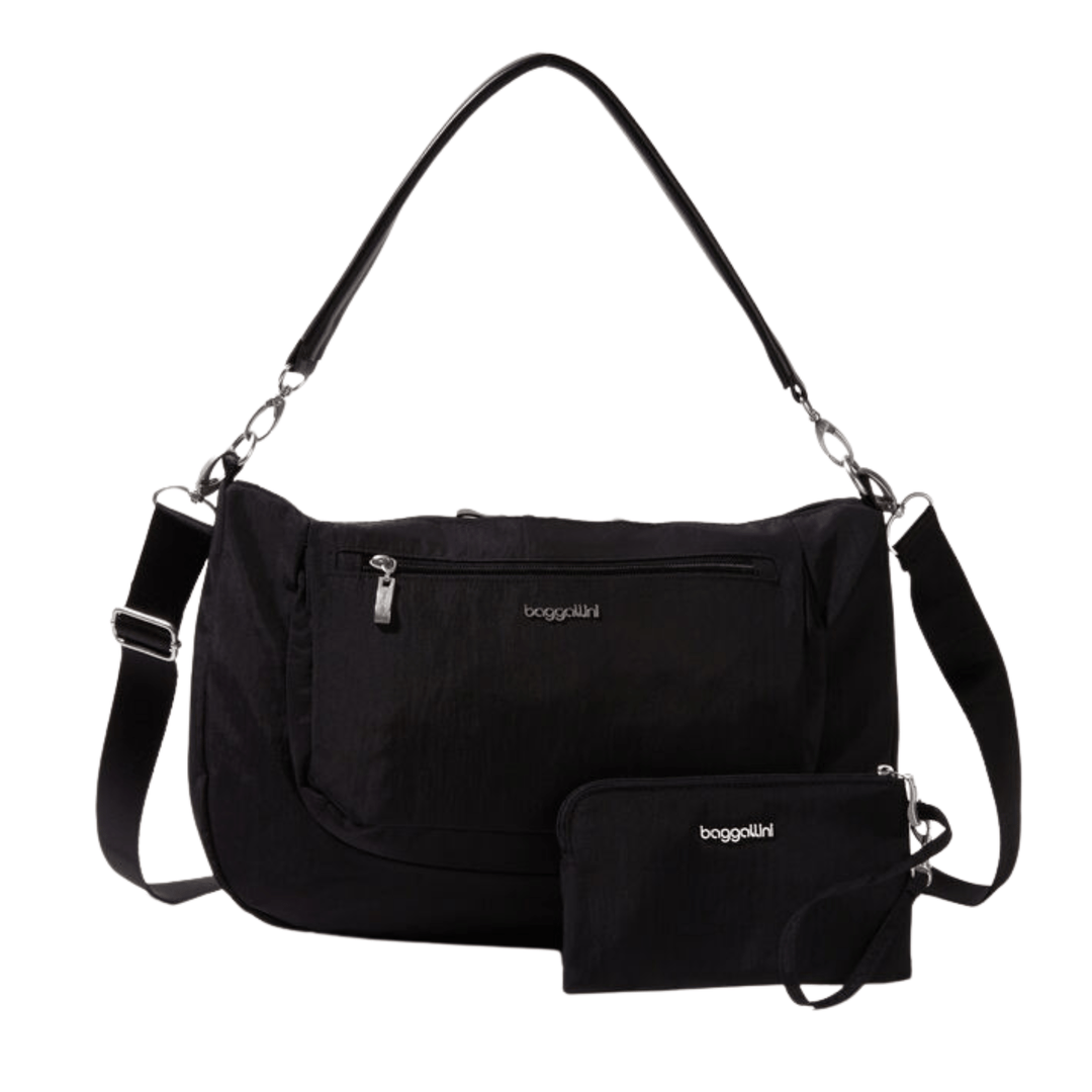 Black crossbody messenger bag with front zip pocket and detachable pouch
