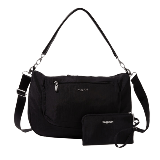 Black crossbody messenger bag with front zip pocket and detachable pouch