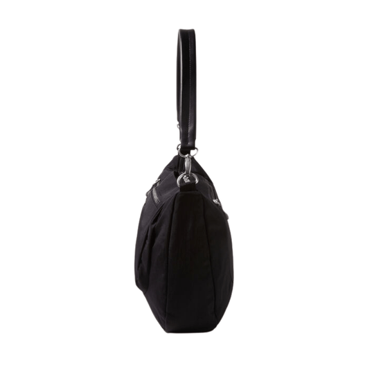 Black half-moon shoulder bag with top handle and silver hardware, shown from the side