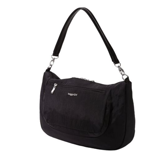 Black shoulder bag with a zip front pocket, padded strap, and silver hardware