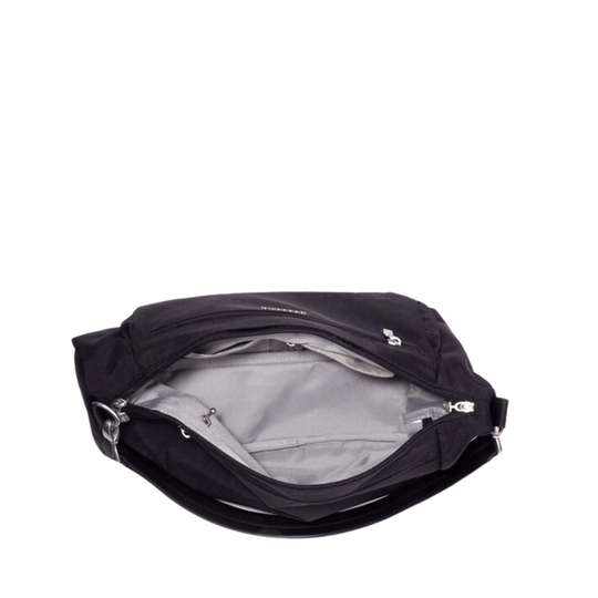 Black messenger bag opened to show gray interior lining and zippered pockets
