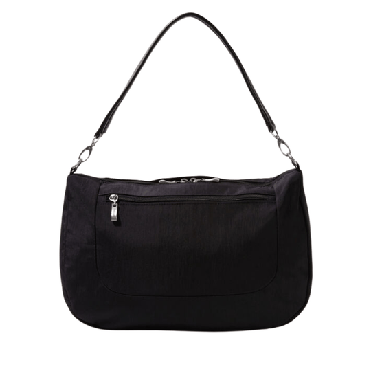 Black nylon shoulder bag with a curved top handle, front zip pocket, and silver hardware