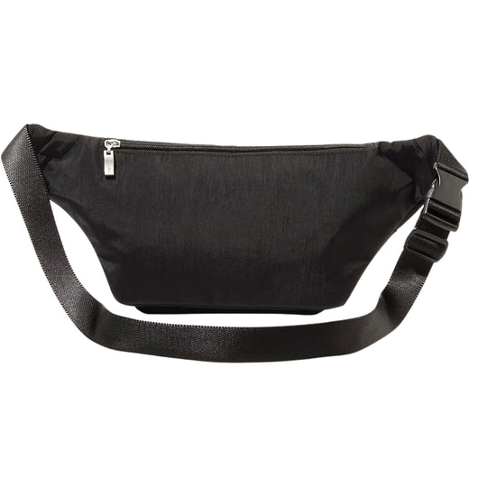 Black nylon waist pack with a top zipper and adjustable crossbody strap