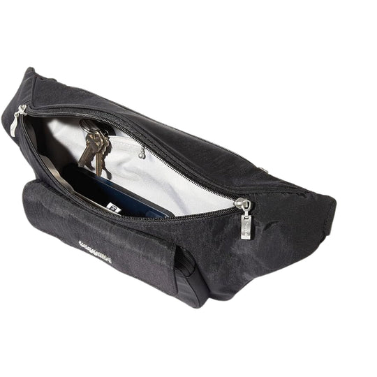 Black zippered waist pack with open main compartment, front pocket, and silver hardware