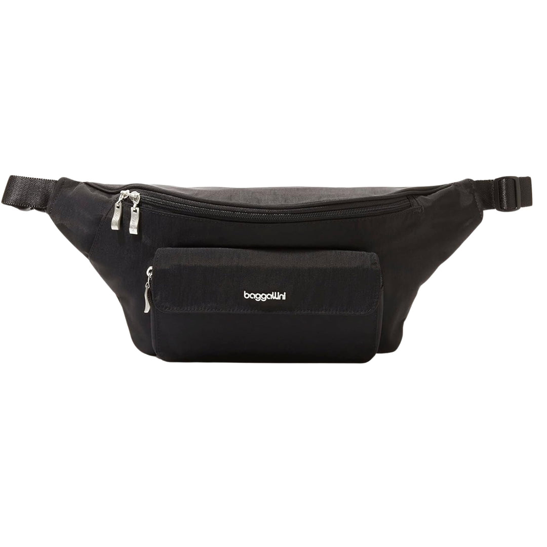 Black waist pack with front zip pocket and small flap pouch