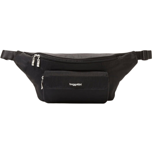 Black waist pack with front zip pocket and small flap pouch
