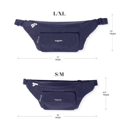 Navy waist pack shown in two sizes with front pocket and adjustable strap, labeled L/XL and S/M.