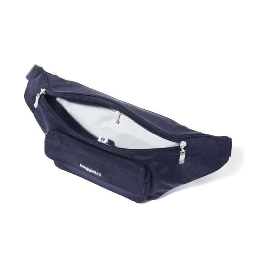 Navy waist pack with an open zippered main compartment and front zip pocket