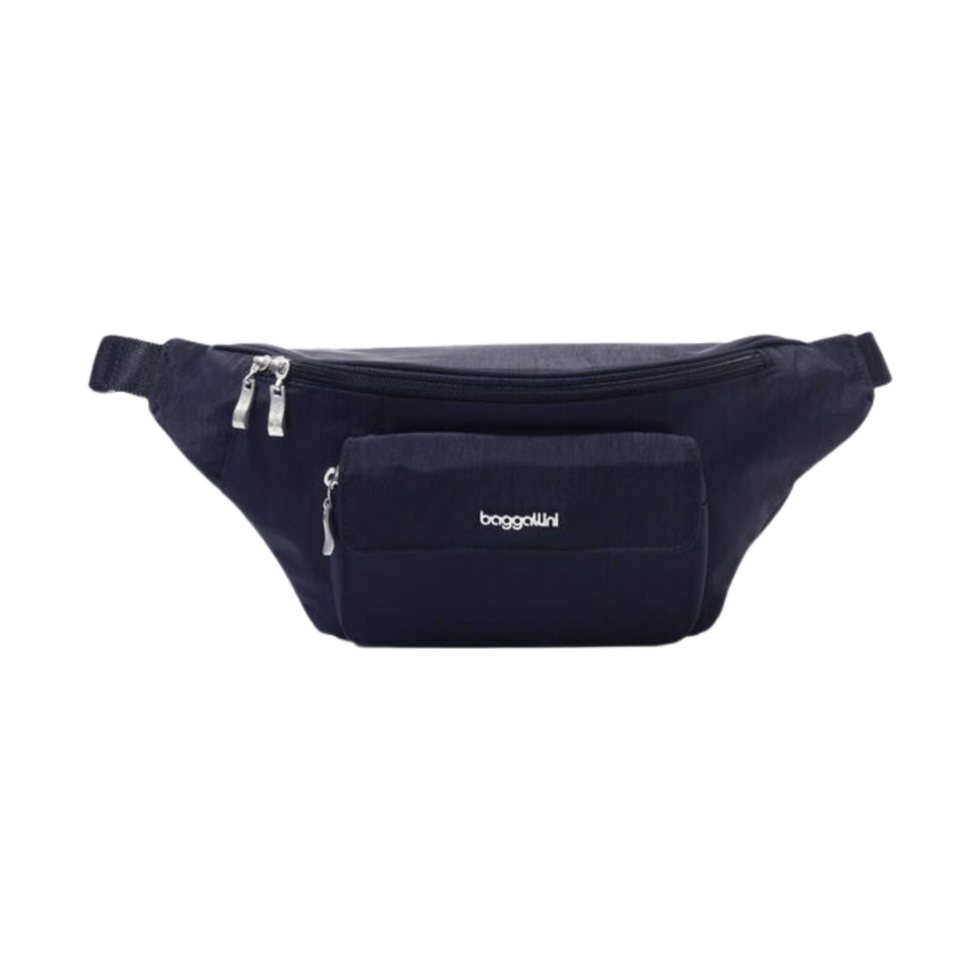 Navy waist pack with front zip pocket and silver zipper pulls