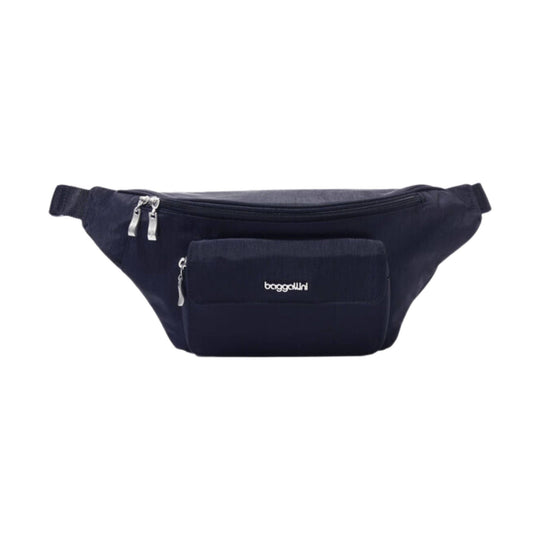 Navy waist pack with front zip pocket and silver zipper pulls