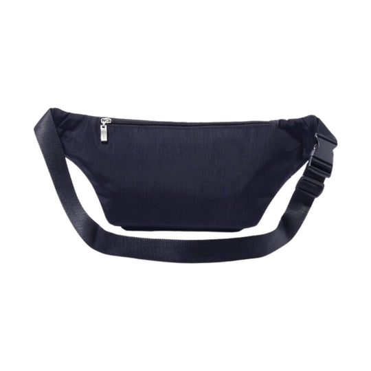 Navy waist pack with a front zipper pocket and adjustable crossbody strap