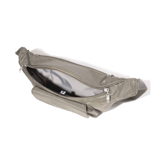 Light gray waist pack sling bag with zippered front pocket, open main compartment, and adjustable strap.