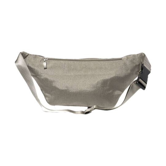 Light gray sling bag with top zipper, wide shoulder strap, and plastic buckle clasp