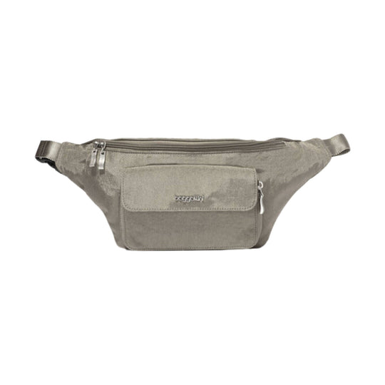 Light gray waist pack with front flap pocket, top zipper, and adjustable straps