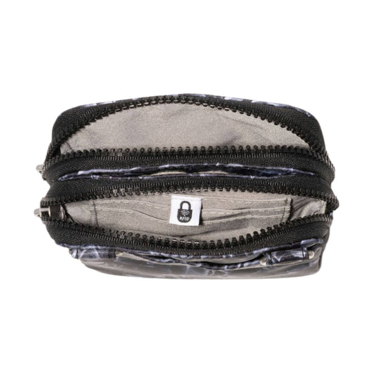 Black zippered crossbody bag with a front RFID pocket and clear plastic base