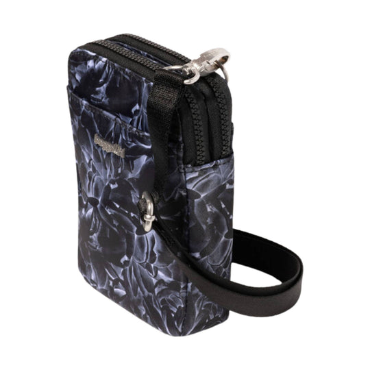 Small black floral crossbody wallet with top zipper and wrist strap