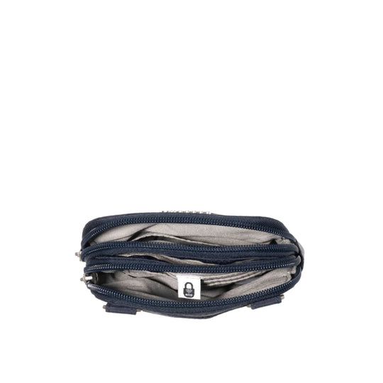Open navy and gray zippered crossbody bag with multiple compartments and a small logo tag